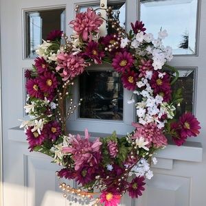 Large faux floral wreath. About 19” wide , hand assembled